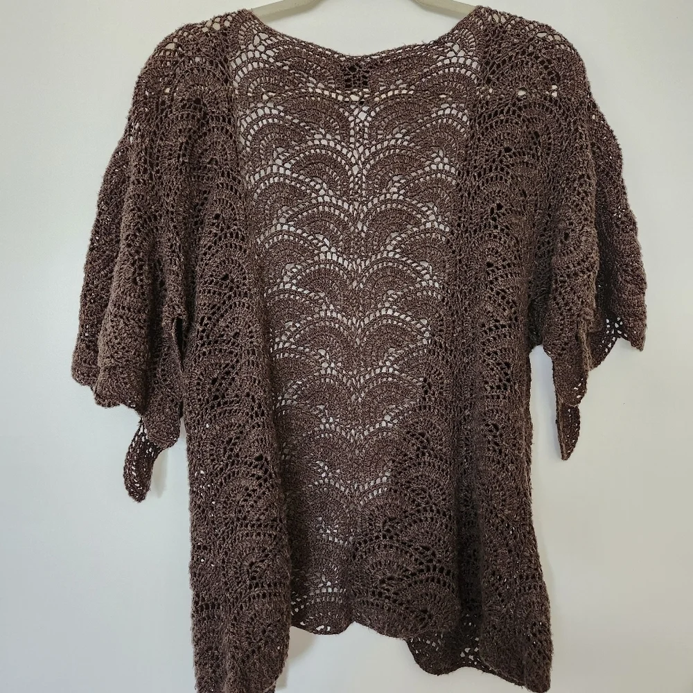 Theory Brown Linen Blend Crochet Open Knit Cardigan XS